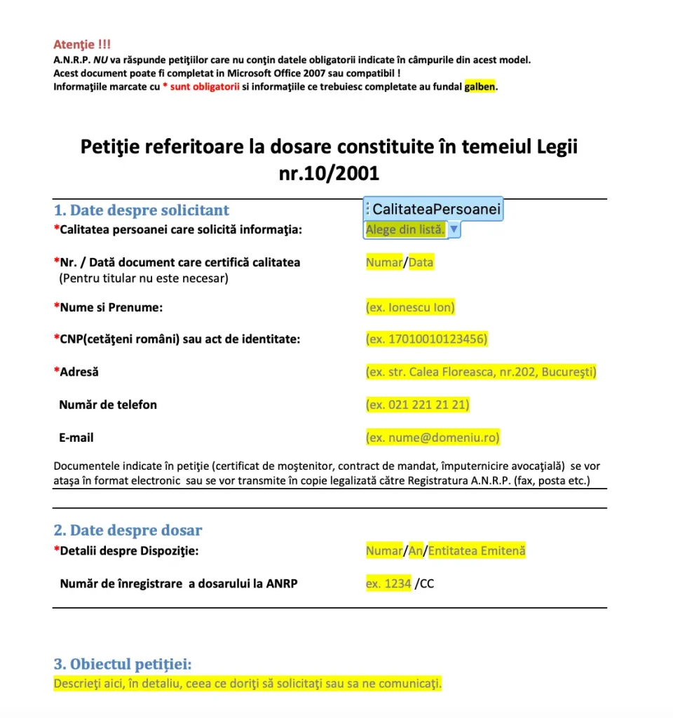 Petitia pentru Legea 10/2021, trebuie intocmita in conformitate cu cererea pentru dosar, dosare anrp