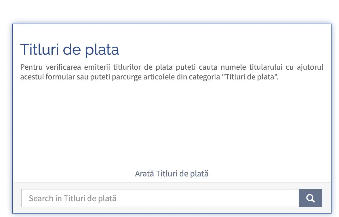 Titluri de plata Pentru verificarea emiterii titlurilor de plata puteti cauta numele titularului cu ajutorul acestui formular sau puteti parcurge articolele din categoria "Titluri de plata", arata titlurile de plata, verificare plata anrp