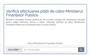 Verifică efectuarea plăţii de către Ministerul Finanţelor Publice Ministerul Finanţelor Publice publică pe site numărul recipisei de consemnare specială pentru plăţile efectuate. Pentru a obţine informaţii verificati pe siteul Ministerului Finanţelor Publice sau introduceti seria si numarul titlului. verificare plata anrp